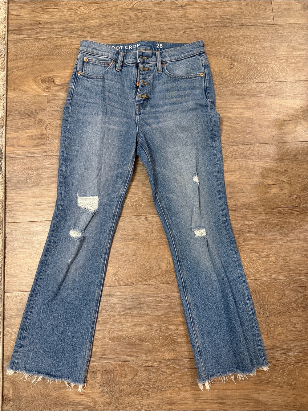 J. Crew Medium Blue Cropped Distressed Bootcut Jeans